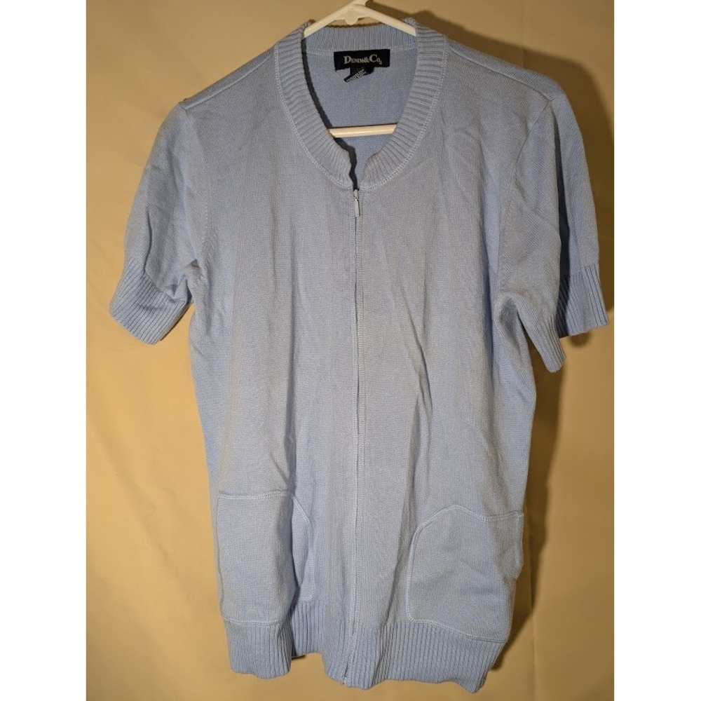 Denim & Co Light Blue Short Sleeve Knit‎ Cardigan Zip Front Size Large Pockets